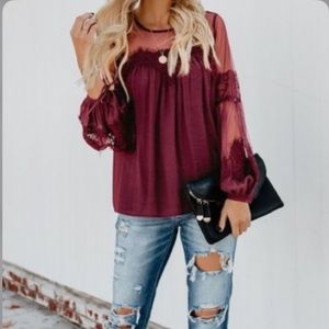 Red  lantern sleeve lace embellished mesh  top